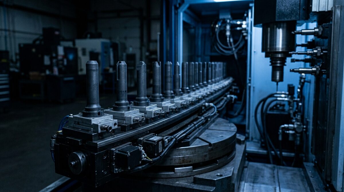 Automatic electrode changer carousel loaded with graphite electrodes, ready for a lights-out run