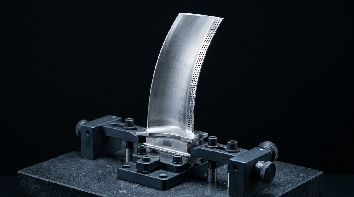 Finished turbine blade held in an inspection fixture, a precise row of cooling holes catching the light along the...
