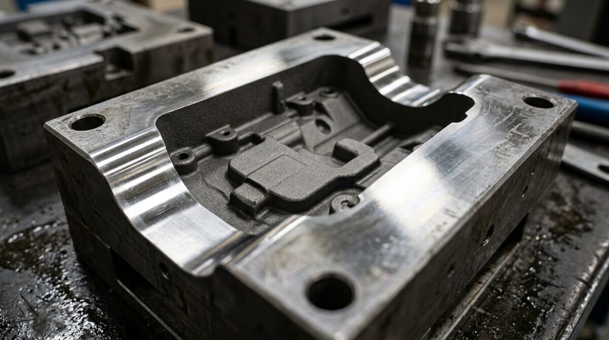 Finished injection mould cavity fresh from EDM, the spark-eroded surface showing its characteristic matte texture,...