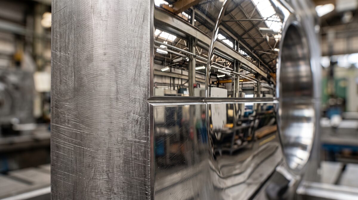 Extreme macro of a polished mould cavity surface, the mirror finish reflecting the shop above it, fine machining detail...