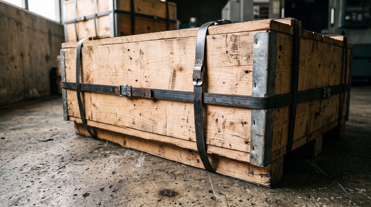 Close detail of a machine tool shipping crate and banding straps against a concrete floor, industrial and unbranded, hard...